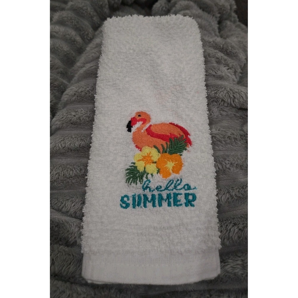 White Hello Summer Flamingo Embroidered Hand Towel Tropical Floral Coastal